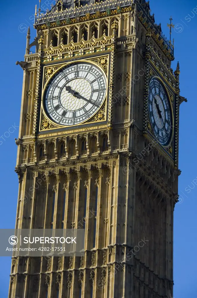 England, London, Westminster. The iconic clocktower of Big Ben, one of London's most famous landmarks.