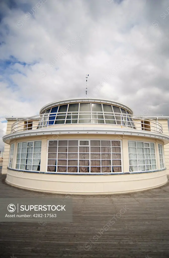 England, West Sussex, Worthing. Art deco building on the Pier at Worthing in West Sussex shaped like the superstructure of an ocean liner.