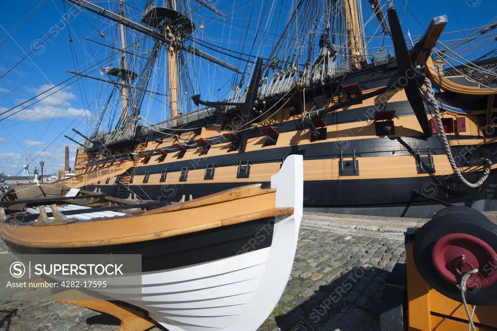 England, Hampshire, Portsmouth. HMS Victory, Nelson's flagship, best known for her role in the Battle of Trafalgar at Portsmouth Historic Dockyard.