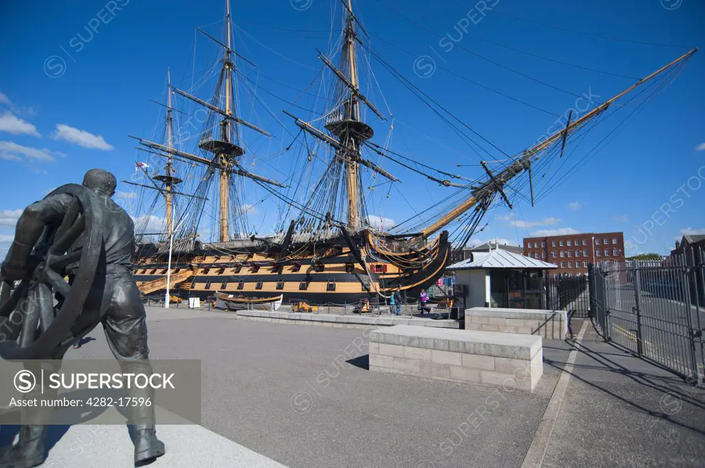 England, Hampshire, Portsmouth. HMS Victory, Nelson's flagship, best known for her role in the Battle of Trafalgar and sculpture at Portsmouth Historic Dockyard.