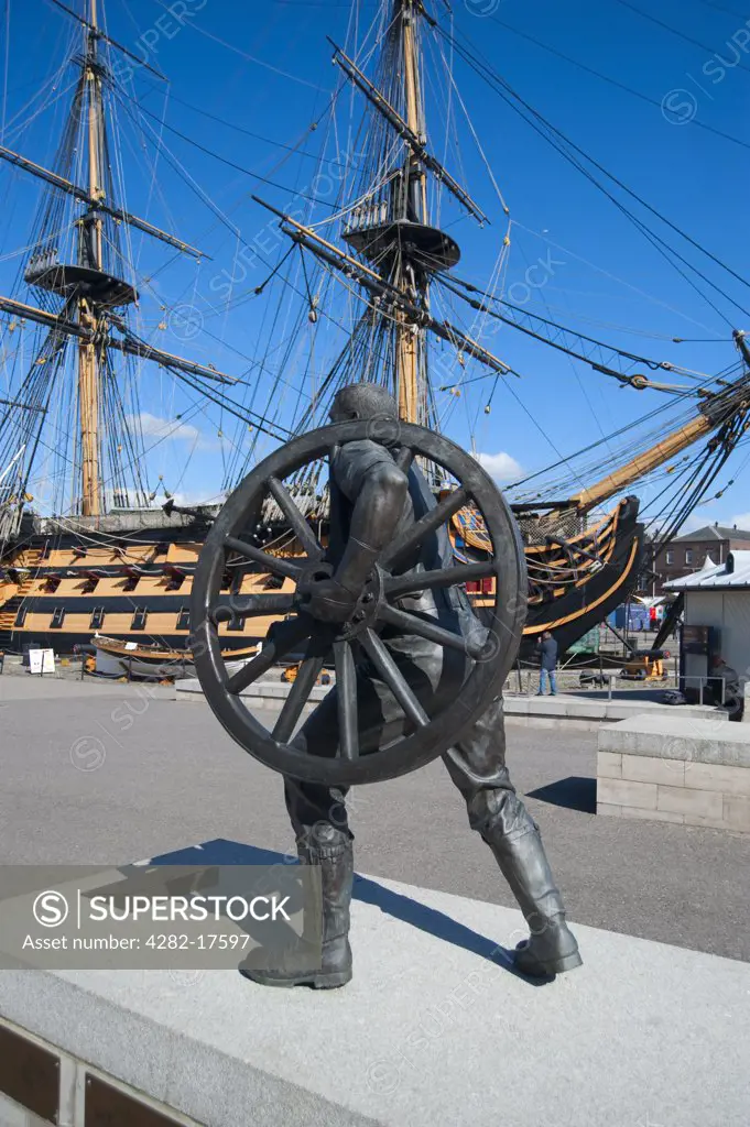 England, Hampshire, Portsmouth. HMS Victory, Nelson's flagship, best known for her role in the Battle of Trafalgar and sculpture at Portsmouth Historic Dockyard.