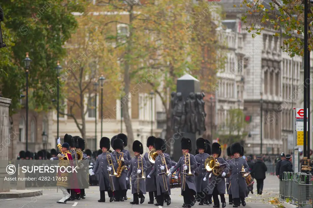 England, London, Westminster. Band of the Welsh Guards marching in Whitehall during the State Opening of Parliament in central London.