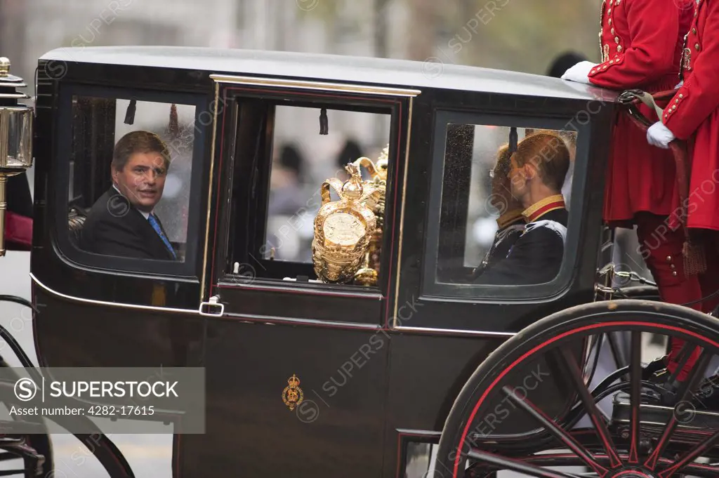 England, London, Westminster. Carriage containing the ceremonial Mace in Whitehall during the State Opening of Parliament in central London.