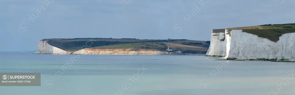England, East Sussex, Birling Gap. Panoramic view of the chalk cliffs of the Seven Sisters at Birling Gap near Beachy Head on the south coast.