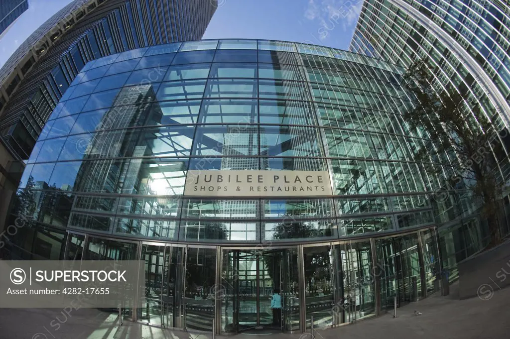 England, London, Canary Wharf. Fisheye view of the entrance to Jubilee Place shopping mall at the East Wintergarden in London's Docklands.