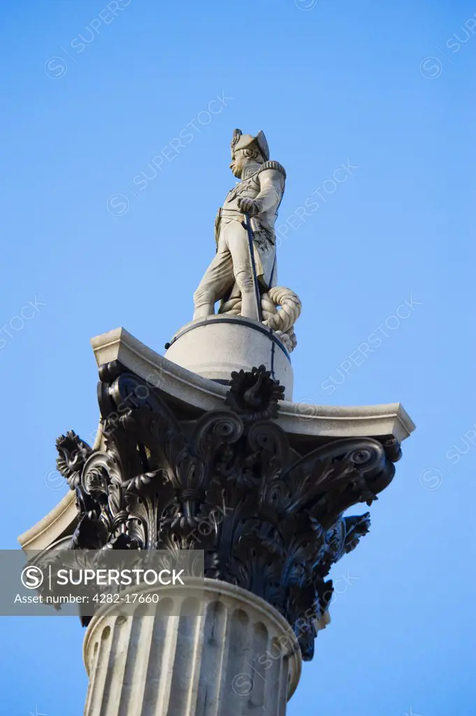 England, London, Westminster. Iconic statue of Admiral Nelson on top of Nelsons Column in Trafalgar Square in central London.