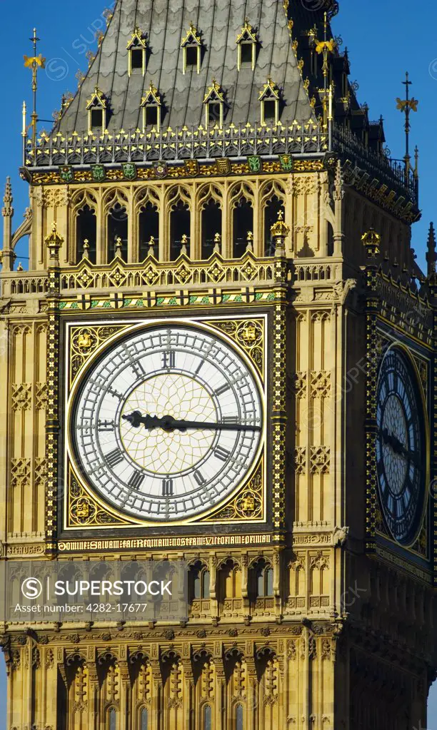 England, London, Westminster. Close-up of the iconic clocktower of Big Ben in central London.