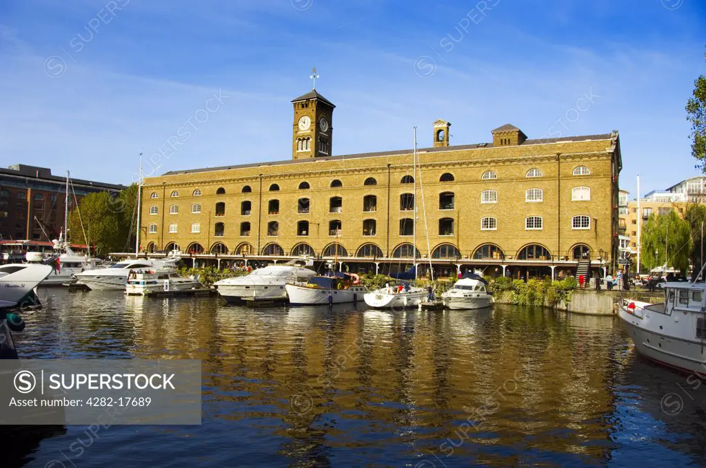 England, London, St Katharine Docks. Marina and converted warehouse buildings at the fashionable St Katharine Docks in London's dockland.