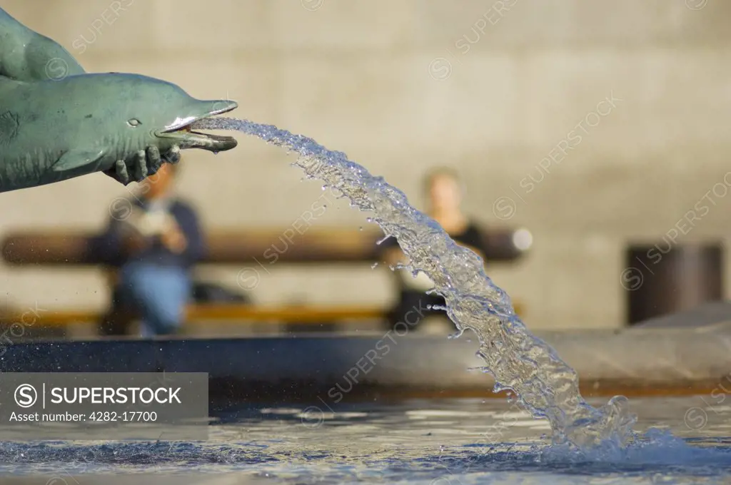 England, London, Trafalgar Square. Water pouring from the mouth of a bronze sculpture of a dolphin in a fountain in Trafalgar Square.