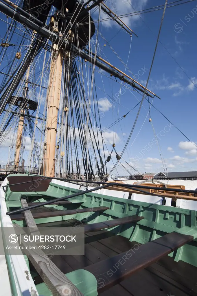 England, Hampshire, Portsmouth. Ships boat on the upper deck of Nelson's flagship, HMS Victory, in No.2 Dry Dock at Portsmouth's Royal Naval Dockyard.