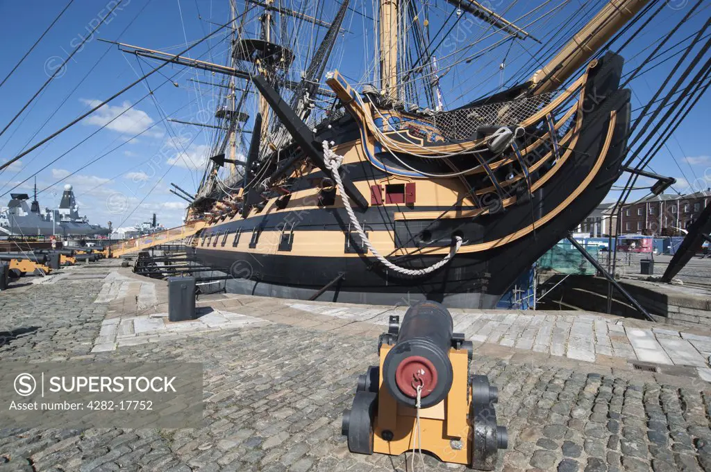 England, Hampshire, Portsmouth. Nelson's flagship, HMS Victory, in No.2 Dry Dock at Portsmouth's Royal Naval Dockyard.