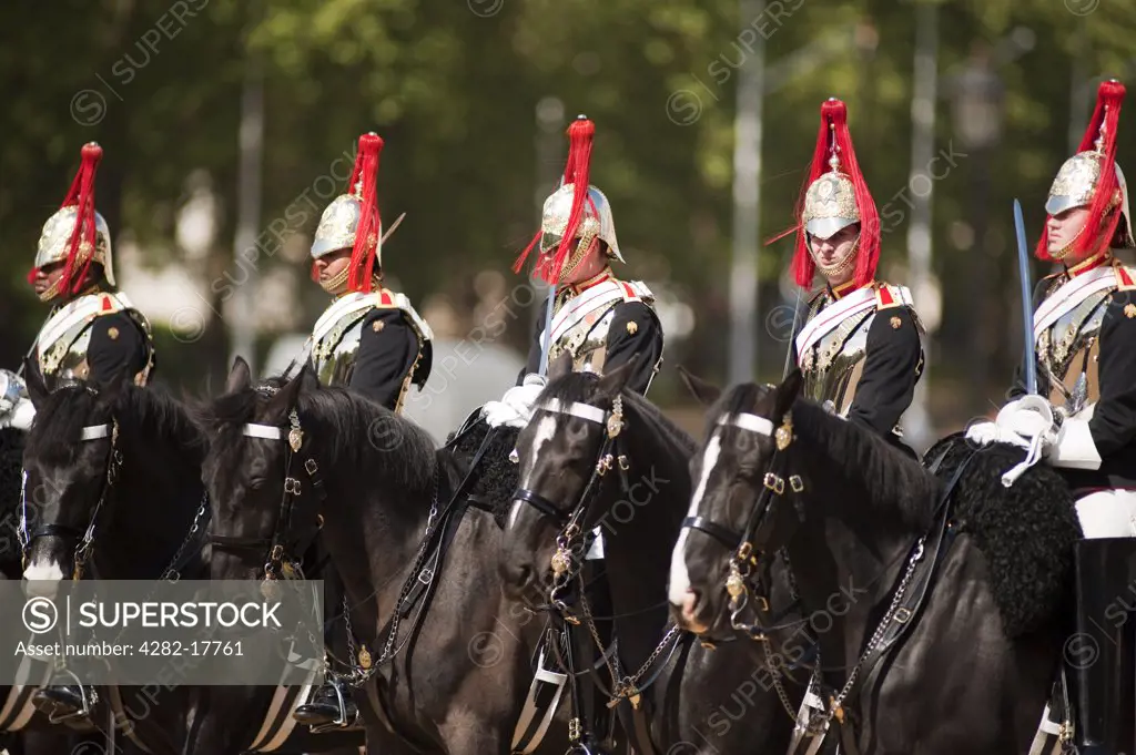 England, London, Horse Guards Parade. Mounted troops from the Blues and Royals regiment on duty in Horse Guards Parade in central London on the route of the Royal Wedding.
