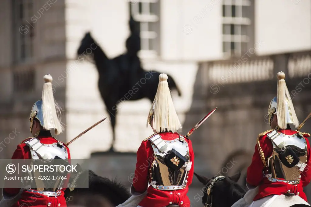 England, London, Horse Guards Parade. Life Guards, members of the Household Cavalry Mounted Regiment participating in the Changing of the Guard ceremony in Horse Guards Parade on the route of the Royal Wedding.