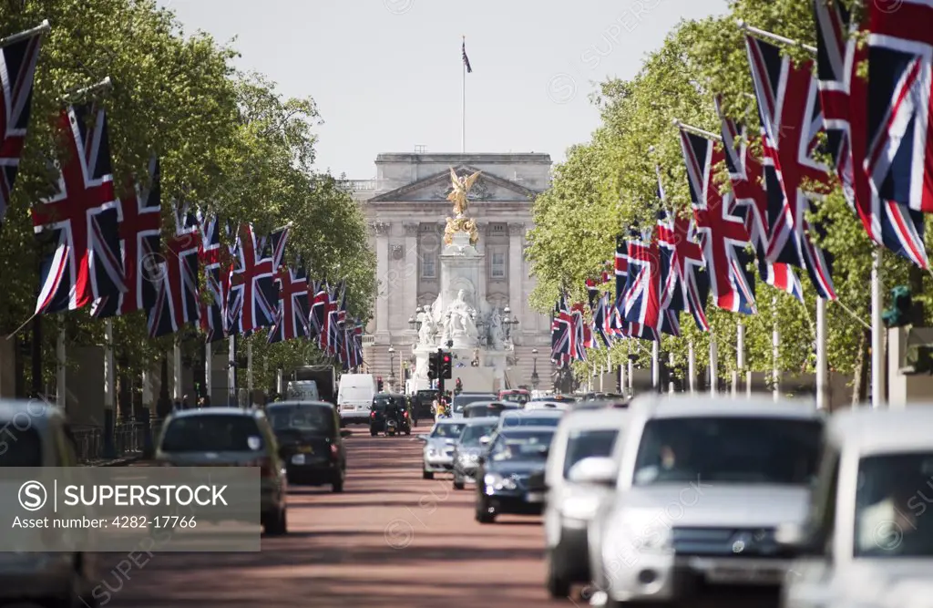 England, London, The Mall. View down The Mall towards Buckingham Palace with Union flags lining the route of the Royal Wedding.