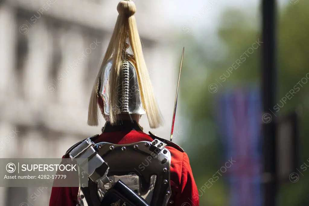 England, London, Horse Guards Parade. A mounted Life Guard on ceremonial duty in Horse Guards Parade in central London on the route of the Royal Wedding.