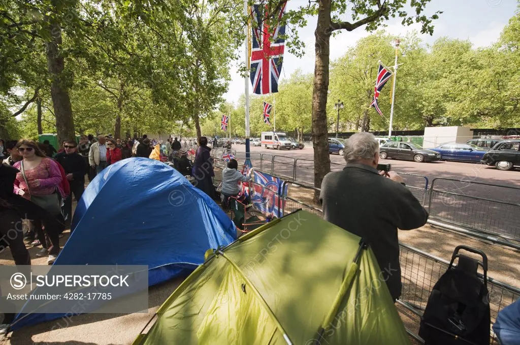 England, London, The Mall. People camped on The Mall along the Royal Wedding route a day before the big event in Central London.