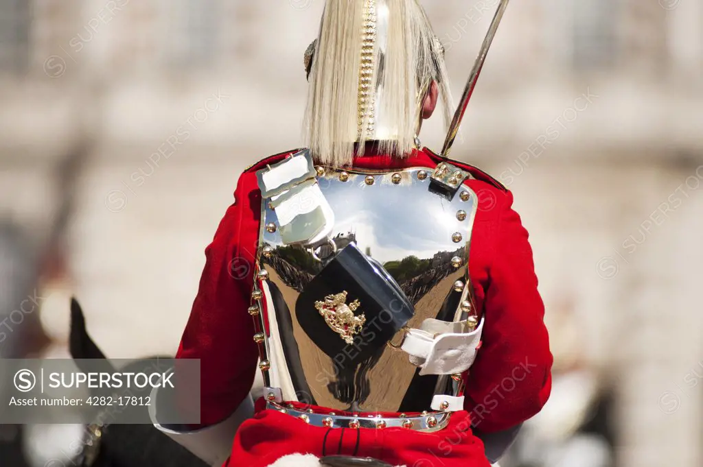 England, London, Horse Guards Parade. A mounted Life Guard taking part in the Changing of the Guard ceremony in Horse Guards Parade in central London on the Royal Wedding route.