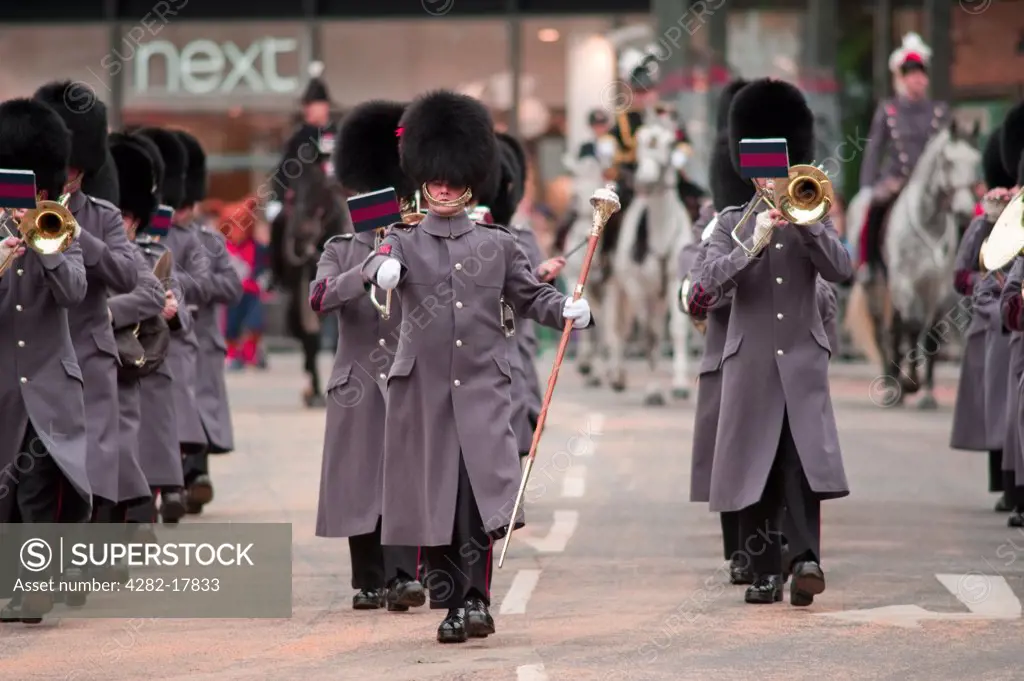 England, London, City of London. Band of the Grenadier Guards marching at the head of the Lord Mayor's Show in the City of London.