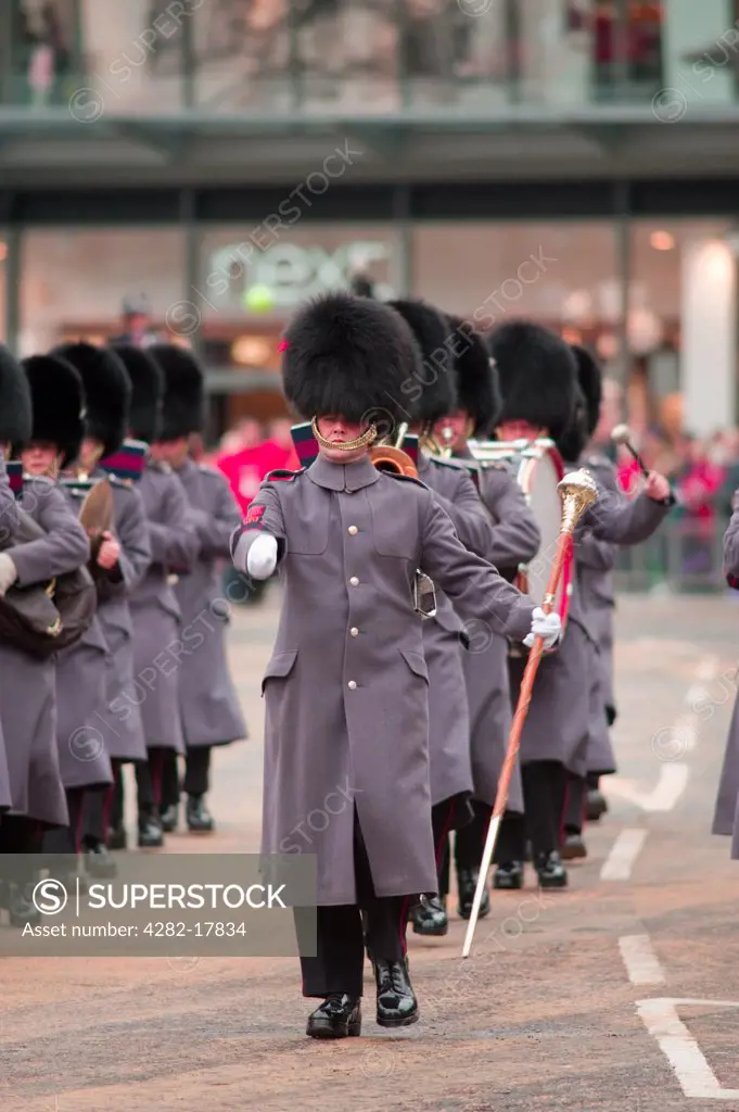 England, London, City of London. Band of the Grenadier Guards marching at the head of the Lord Mayor's Show in the City of London.