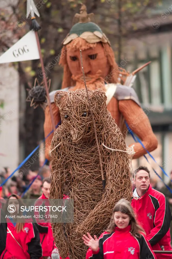 England, London, City of London. Society of Young Freemen with the willow giant Gog marching in the procession at the annual Lord Mayor's Show in the City of London.
