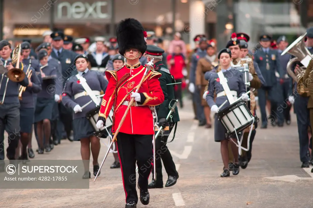 England, London, City of London. The Tri Service cadet band, made up of musicians from London's cadet movement, marching in the procession at the annual Lord Mayor's Show in the City of London.