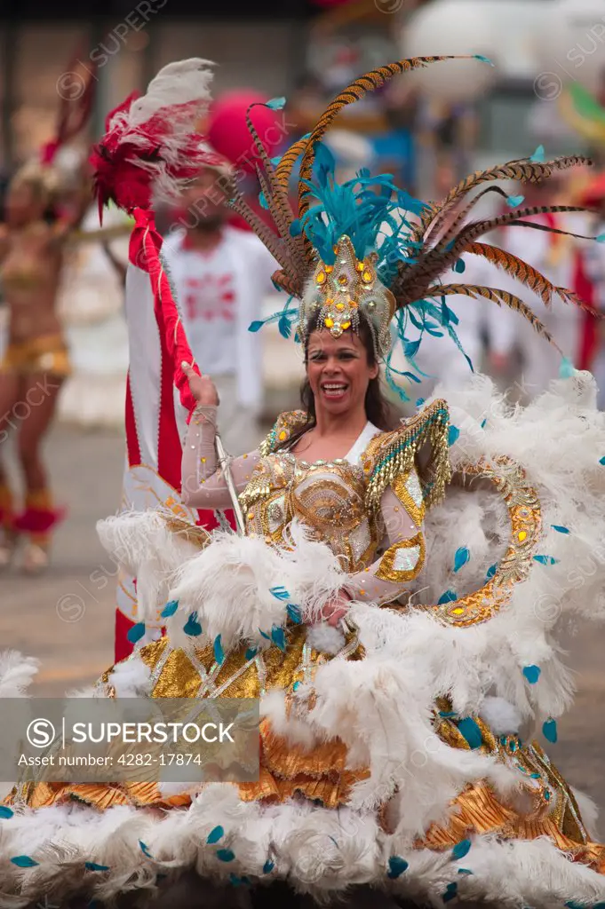 England, London, City of London. The London School of Samba parading to the theme of Gods, Myths and Monsters at the annual Lord Mayor's Show in the City of London.