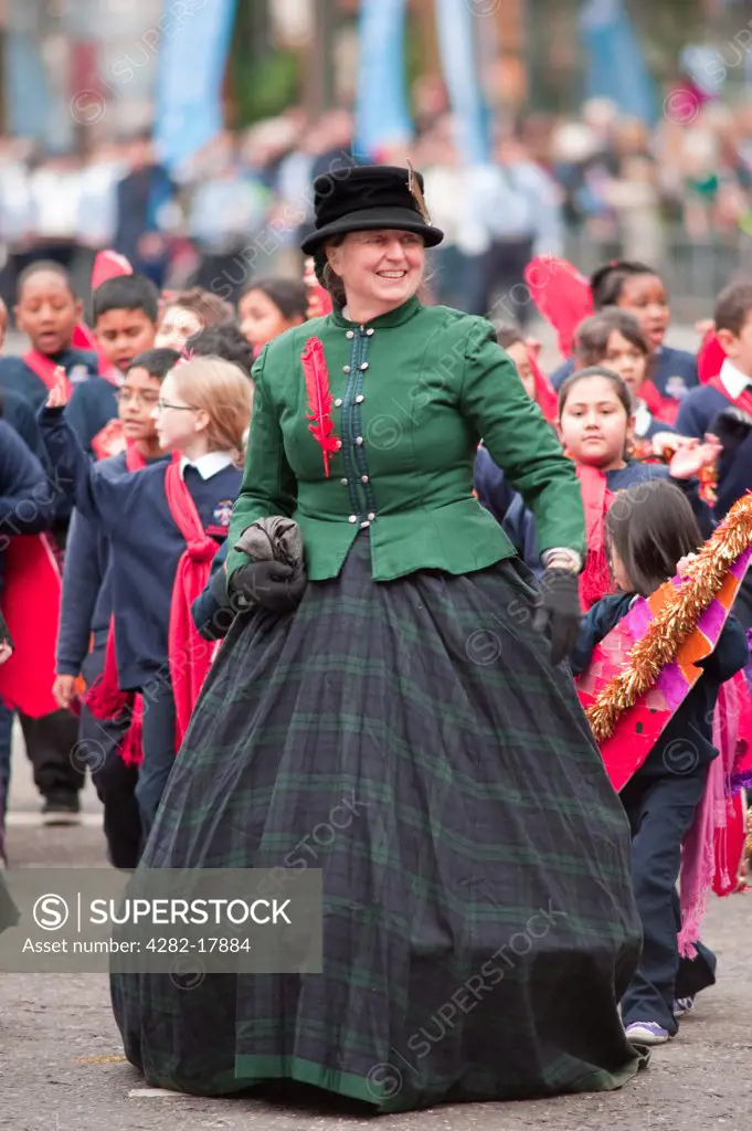 England, London, City of London. Sir John Cass's Foundation Primary School in the procession at the annual Lord Mayor's Show in the City of London.
