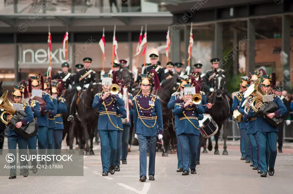 England, London, City of London. The Royal Yeomanry Band performing in the procession at the Lord Mayor's Show in the City of London.