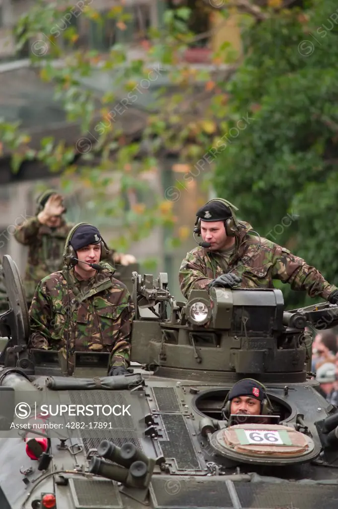England, London, City of London. Royal Yeomanry C and W Squadrons, central London's only Territorial Army cavalry unit, parading in a light tank in the procession at the Lord Mayor's Show in the City of London.