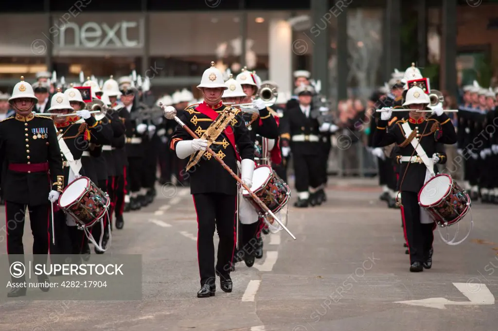 England, London, City of London. The Royal Marines Band performing in the procession at the Lord Mayor's Show in the City of London.