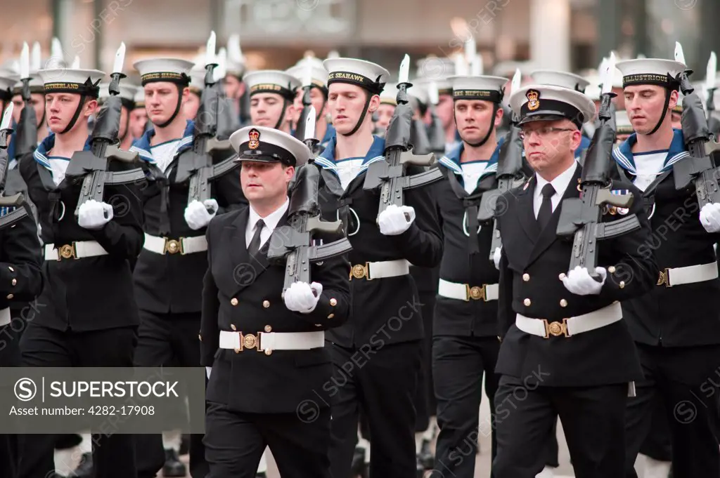 England, London, City of London. Members of The Royal Navy marching in the procession at the annual Lord Mayor's Show in the City of London.
