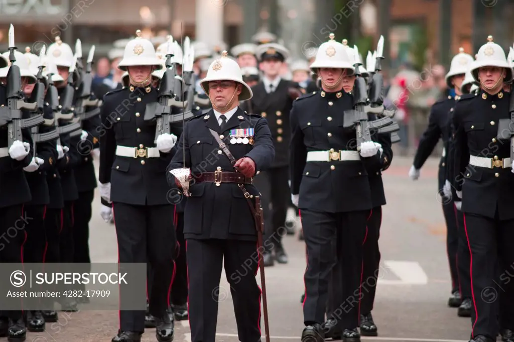 England, London, City of London. The Royal Marines marching in the procession at the annual Lord Mayor's Show in the City of London.