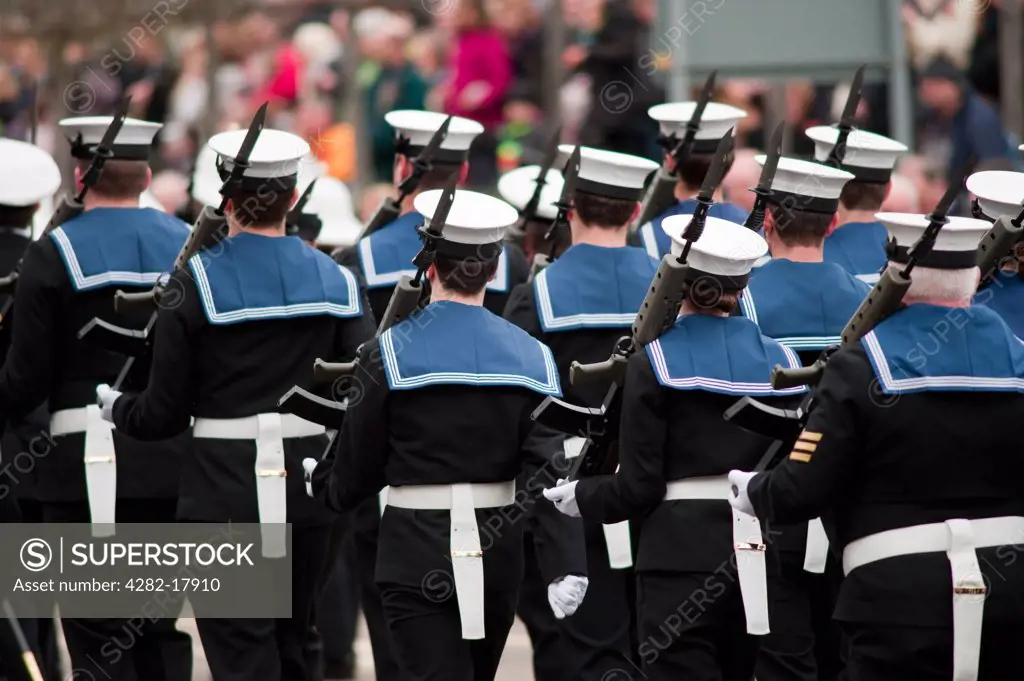 England, London, City of London. Members of The Royal Navy marching in the procession at the annual Lord Mayor's Show in the City of London.