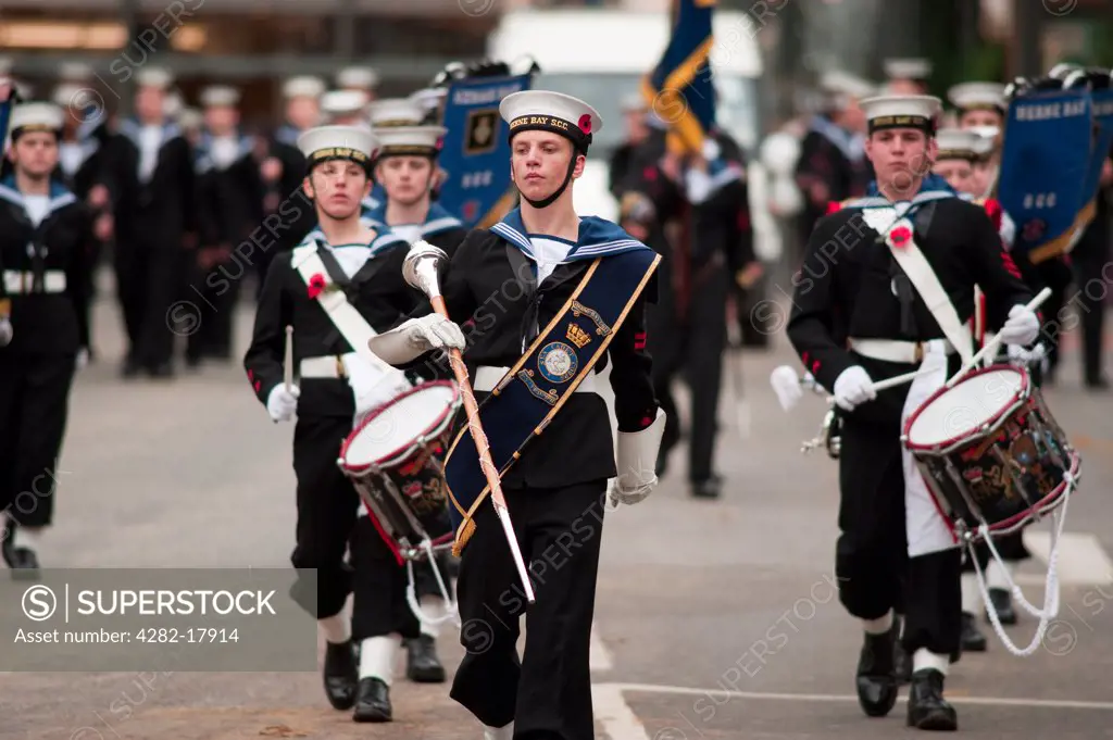 England, London, City of London. The Sea Cadet Corps Band marching in the procession at the Lord Mayor's Show in the City of London.