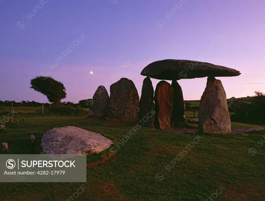 Wales, Pembrokeshire, Pentre Ifan Burial Chamber. The capstone and uprights of the Pentre Ifan Burial Chamber and forecourt facade of a Neolithic chambered tomb.