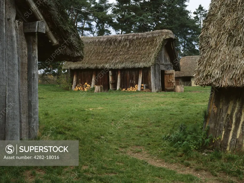 England, Suffolk, West Stow. West Stow Anglo-Saxon Village, an experimental village built on the excavated site of an Early Medieval settlement in use 420-650 by families who emigrated from Germany or Holland.