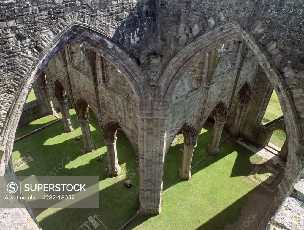 Wales, Monmouthshire, Tintern Abbey. Looking down into the crossing of the ruined Tintern Abbey church. Founded 1131 by the Norman lord of Chepstow, it was the first Cistercian abbey in Wales.