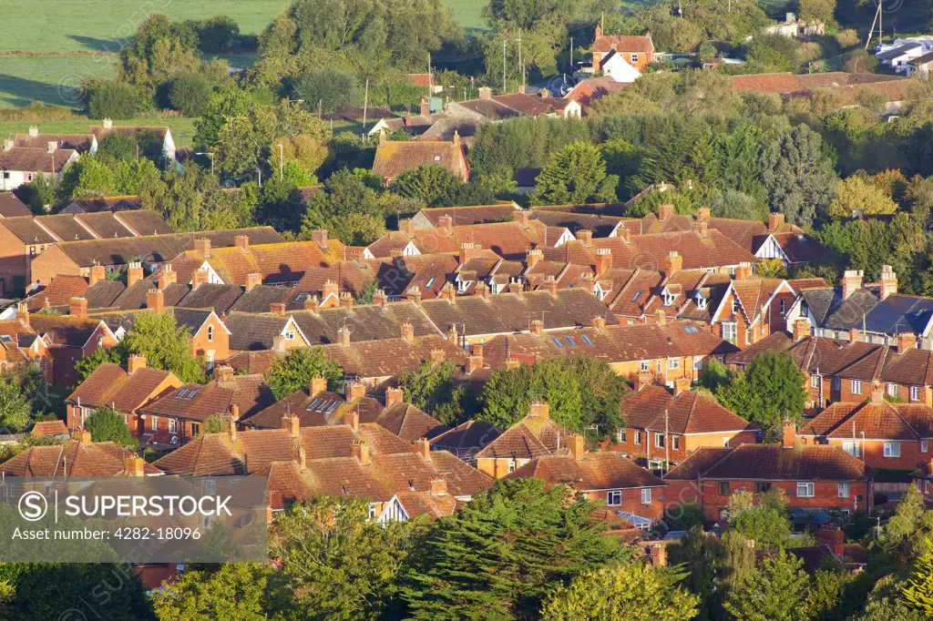 England, Somerset, Glastonbury. View over rooftops of houses in Glastonbury from the summit of Glastonbury Tor.