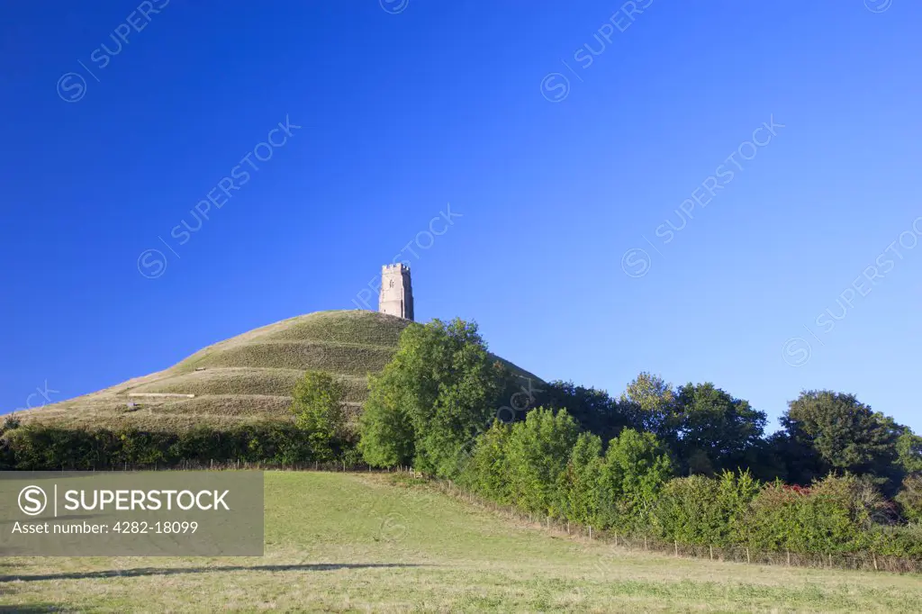 England, Somerset, Glastonbury. St. Michael's Tower on top of Glastonbury Tor, a hill on the Somerset Levels associated with Avalon and the legend of King Arthur.
