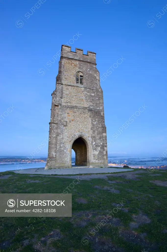 England, Somerset, Glastonbury. St. Michael's Tower on top of Glastonbury Tor, a hill on the Somerset Levels associated with Avalon and the legend of King Arthur.