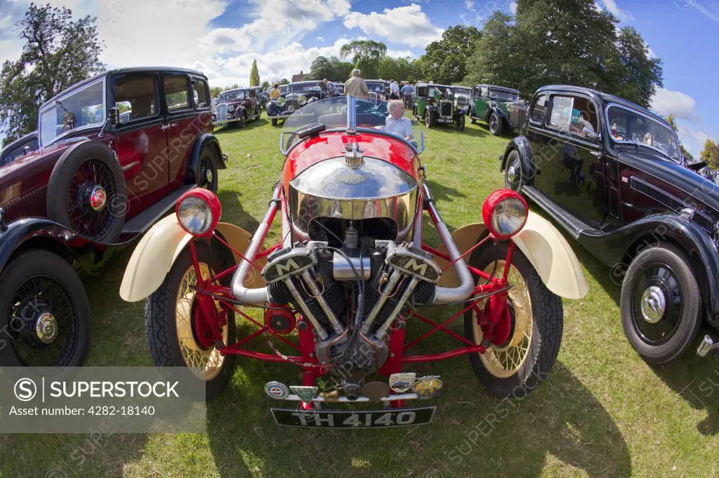 England, Somerset, Taunton. Front view of a Super Morgan sports car on display at the Thornfalcon Classic Car meeting.