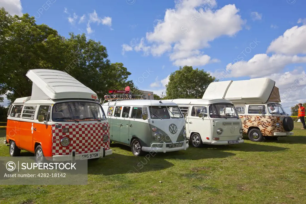 England, Somerset, Taunton. A row of Volkswagen campervans on display at the Thornfalcon Classic Car meeting.
