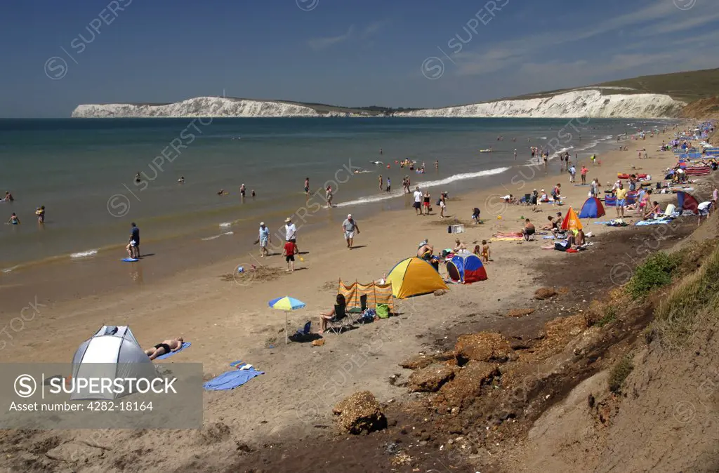 England, Isle of Wight, Compton Bay. A view across the beach at Compton Bay.