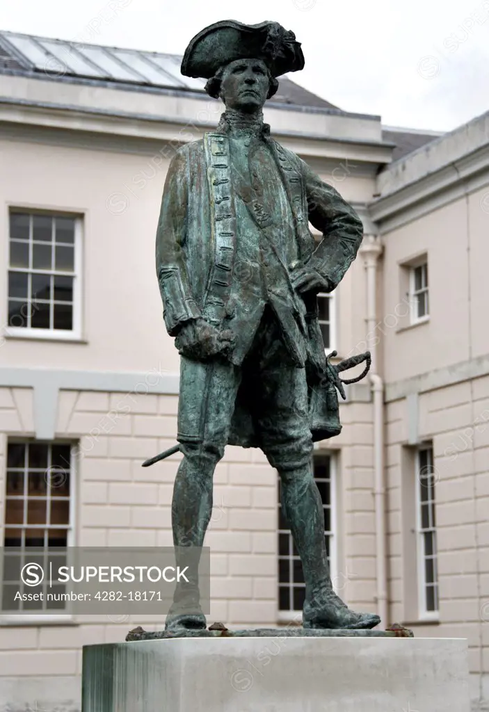 England, London, Greenwich. A statue of Captain James Cook at the Old Royal Naval College.