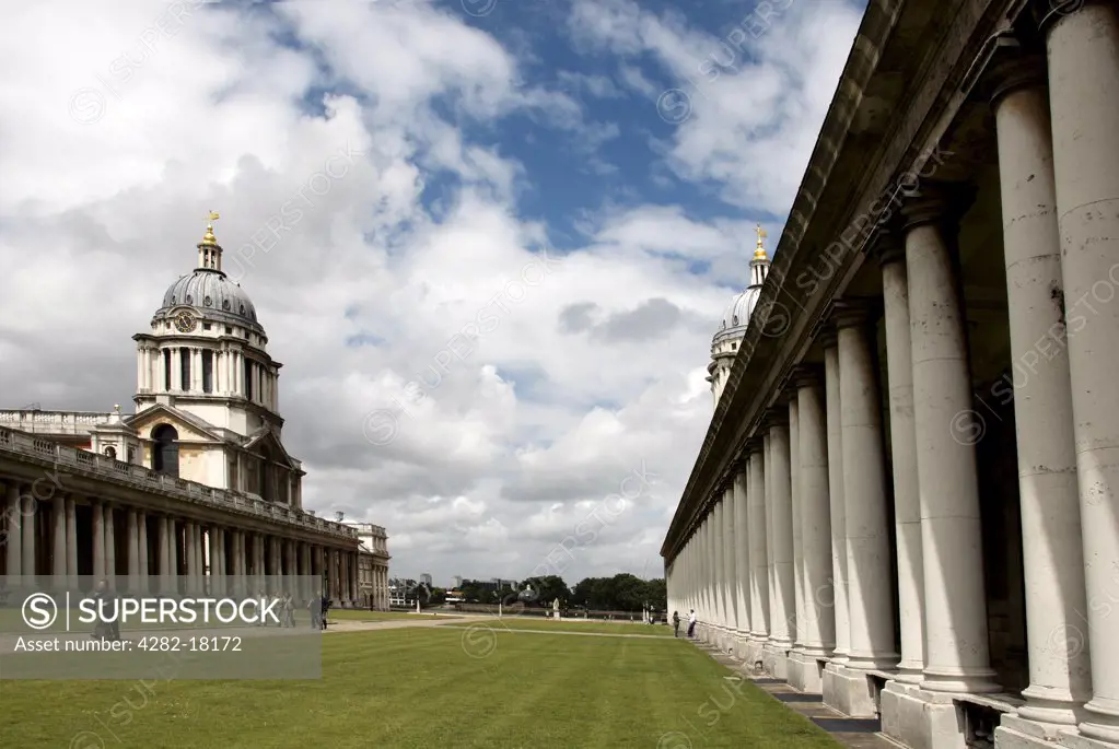England, London, Greenwich. A view of buildings and grounds at the Old Royal Naval College.