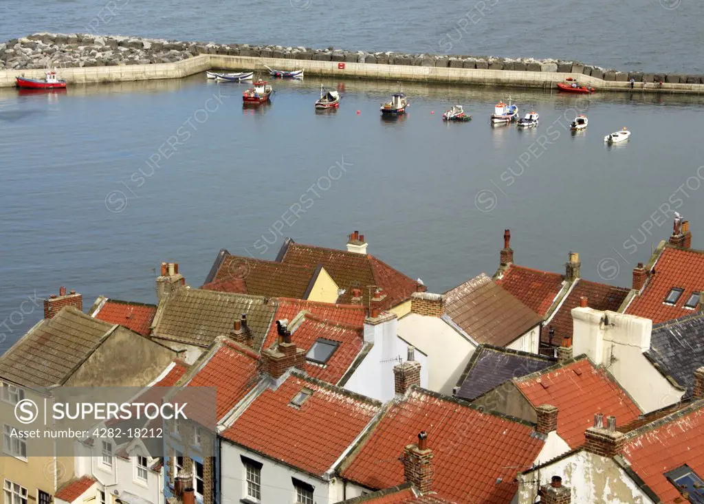England, North Yorkshire, Staithes. A view toward Staithes village and harbour.
