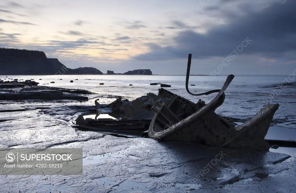 England, North Yorkshire, Saltwick Bay. An old shipwreck in Saltwick Bay.