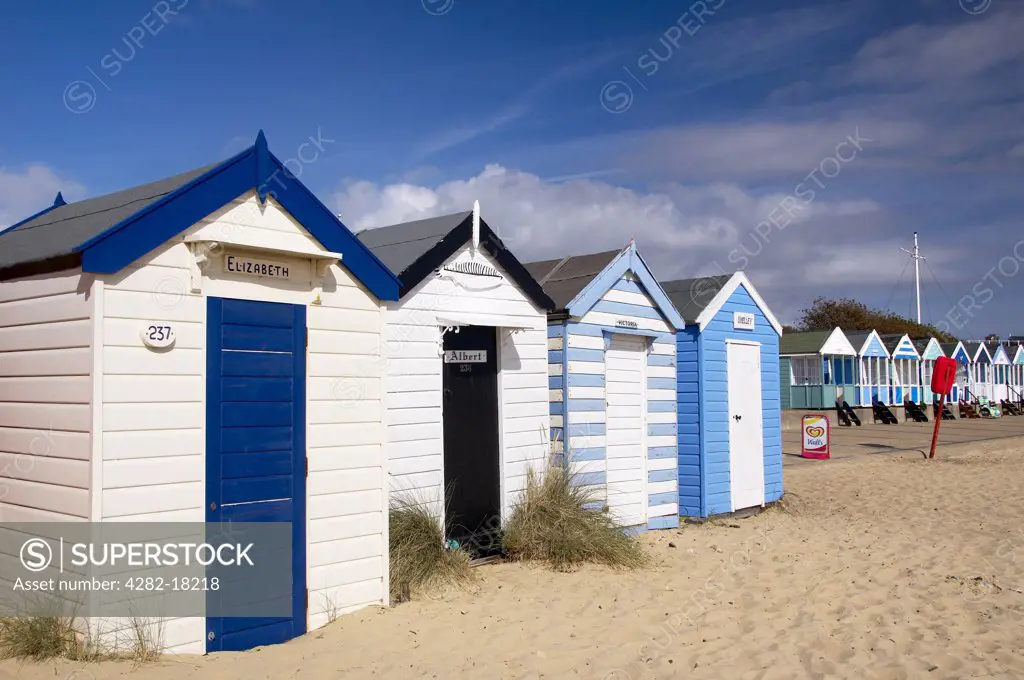 England, Suffolk, Southwold. Beach huts in Southwold.