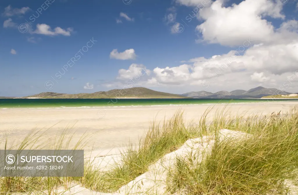 Scotland, Western Isles, Isle of Harris. Looking out to sea from the sand dunes at Seilebost beach on the Isle of Harris.