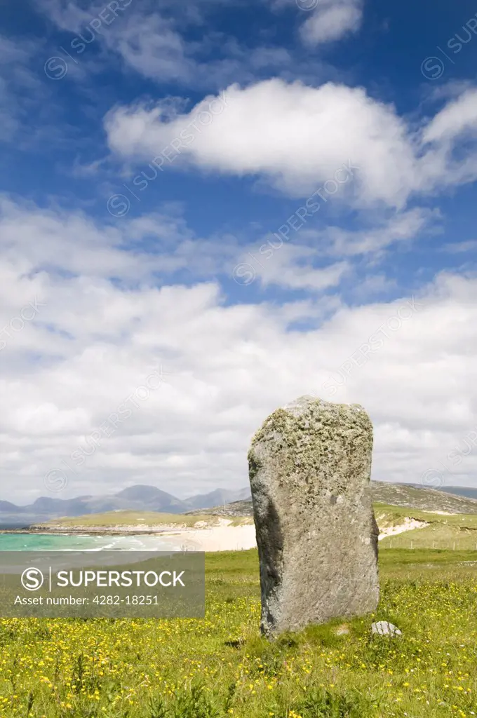 Scotland, Western Isles, Isle of Harris. A standing stone near Borve beach on the Isle of Harris.